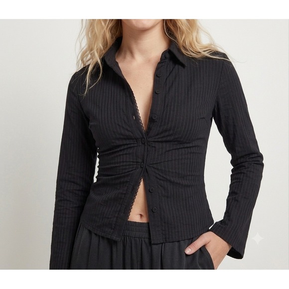 Princess Polly Tops - Princess Polly Black Pinstripe Lace Trim Button Down Shirt US 8 Textured Cotton
